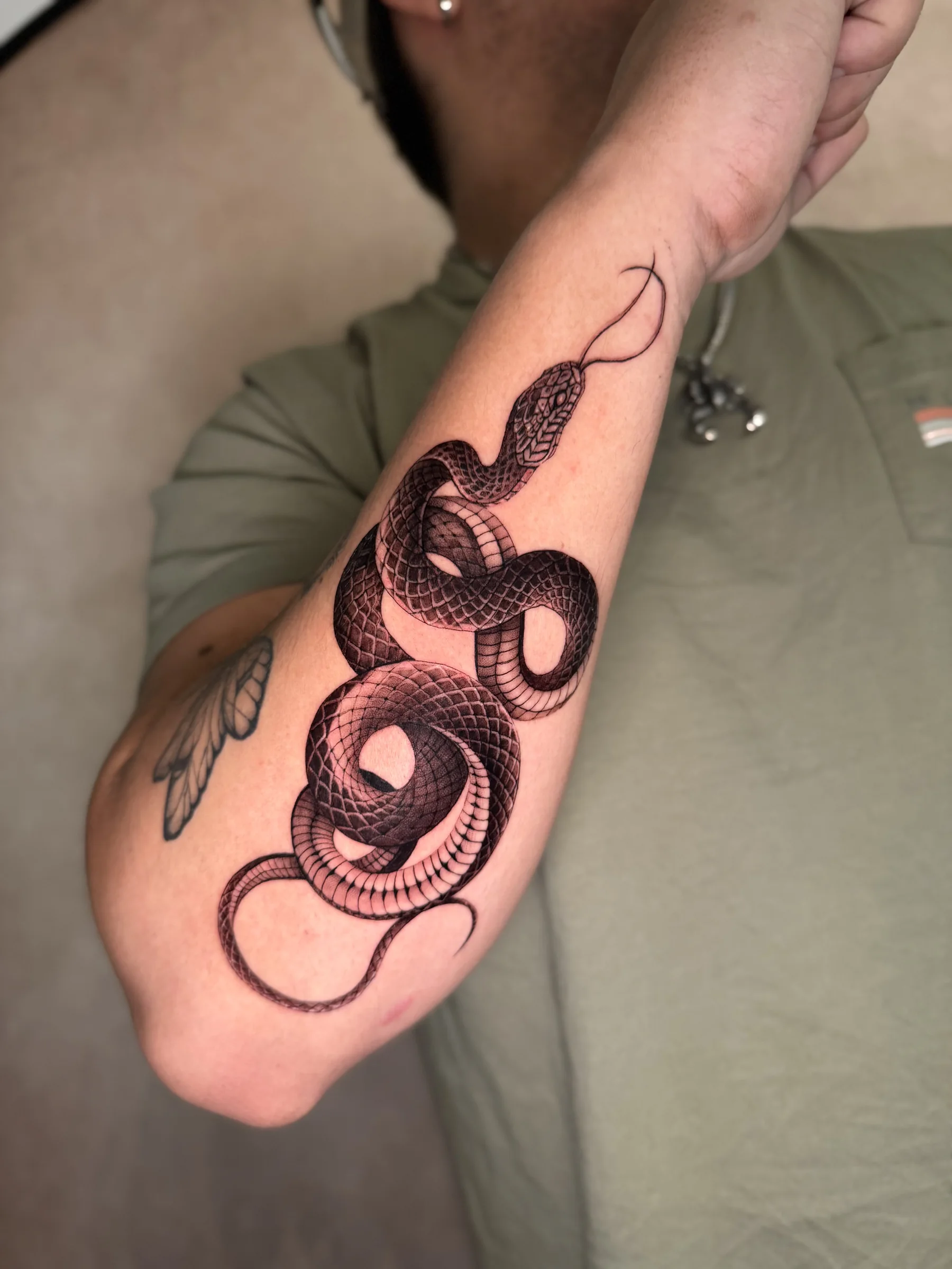 Coiled snake tattoo on a forearm
